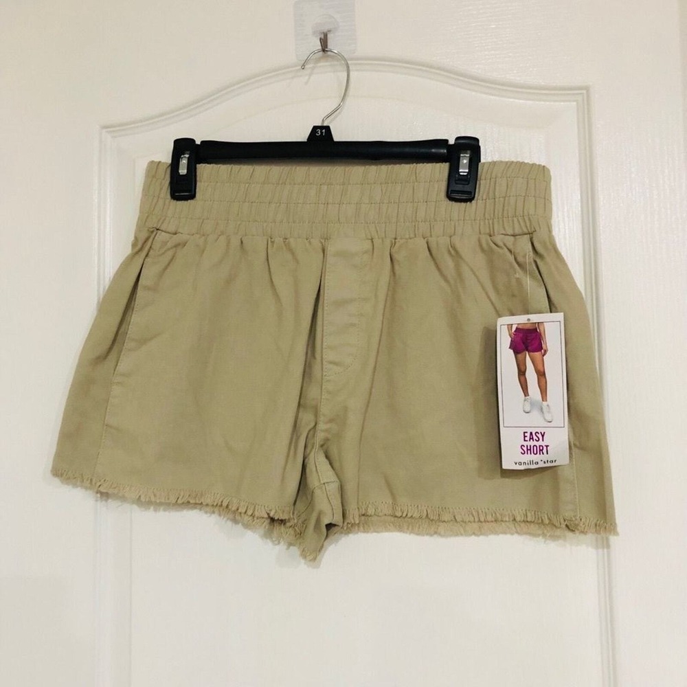 Vanilla‎ Star Womens Easy Short Khaki Tan Smocked Waist Frayed Hem Large NWT